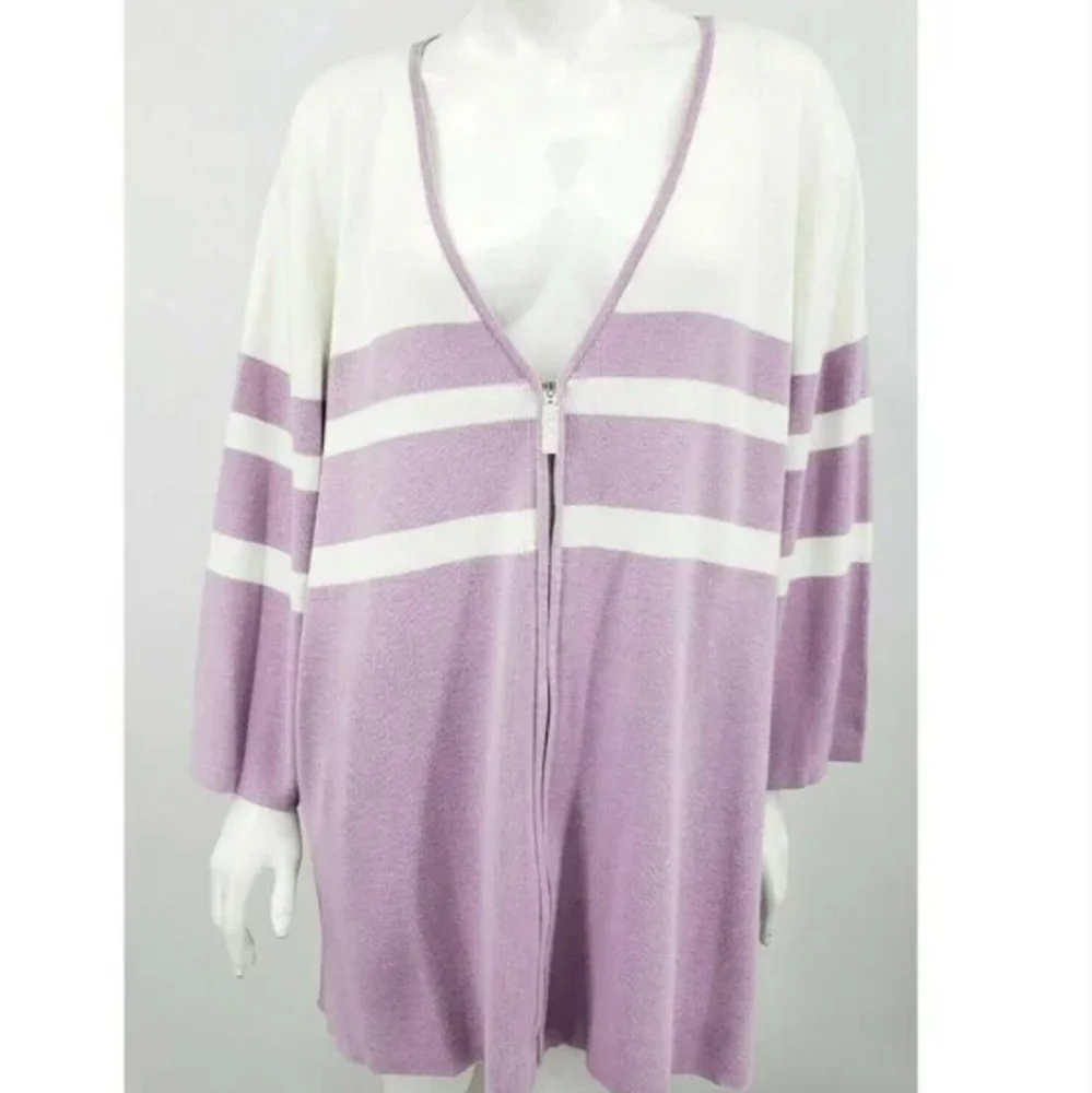 Bob Mackie wearable art deep v zip up sweater, purple, stripes women size medium